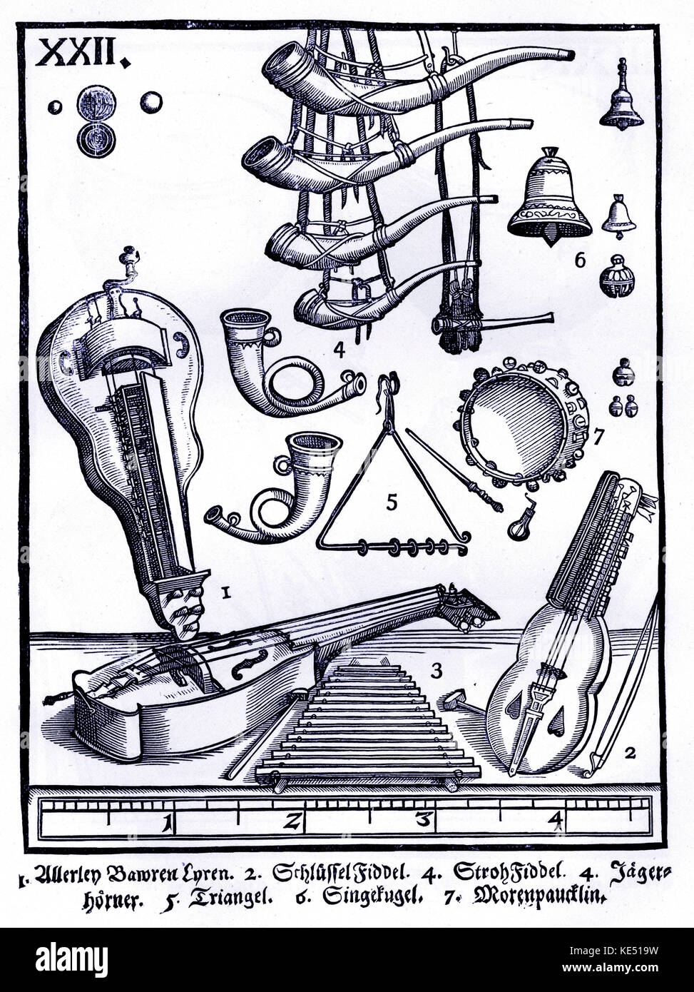 Michael Praetorius 's 'Syntagma Musicum' - 1. Diversos tipos de salterios  campesina 2. Violín con clave 3. Violín de paja 4. 5 cuernos de caza. El  triángulo 6. Bolas musicales 7. Tambores