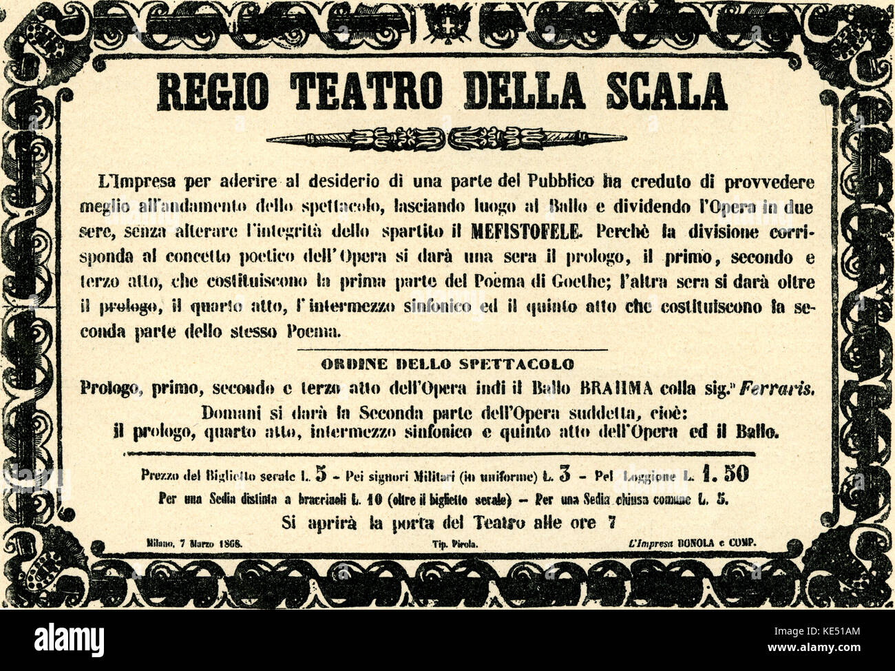 Arrigo Boito 's opera 'Mefistofele' - anuncio para la primera actuación en el Teatro alla Scala de Milán, Italia, que abrió sus puertas en marzo de 1868. Poeta y compositor de ópera italiana, el 24 de febrero de 1842 - 10 de junio de 1918. Foto de stock
