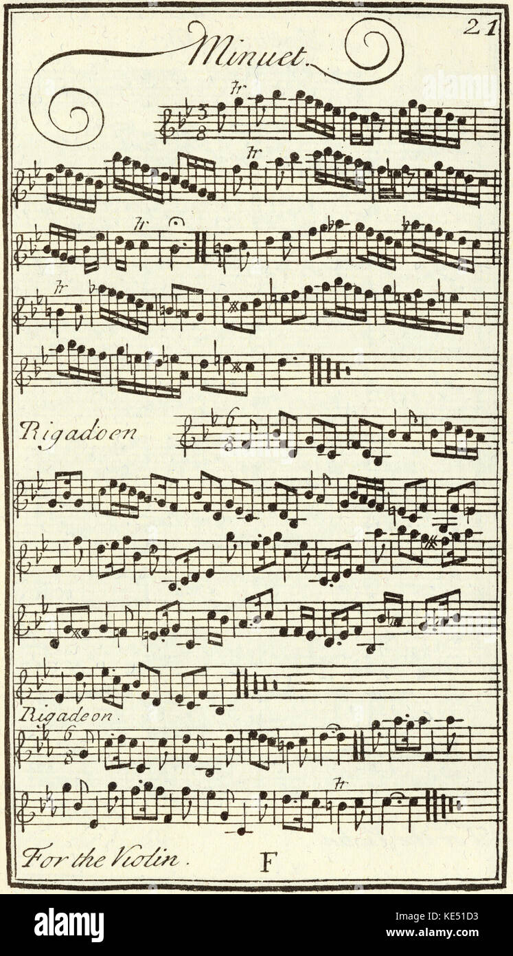 Minuet partitura para violín publicado en Londres, 1731. Foto de stock