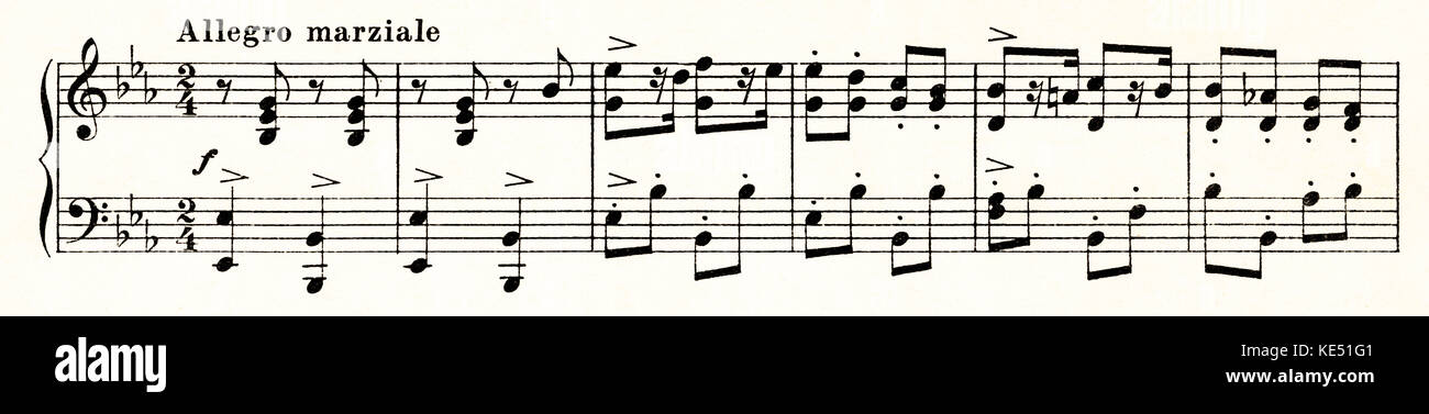 La notación musical: Allegro marziale tempo, firma de tiempo de 2/4, notas staccato acentos horizontal y acentos. Foto de stock