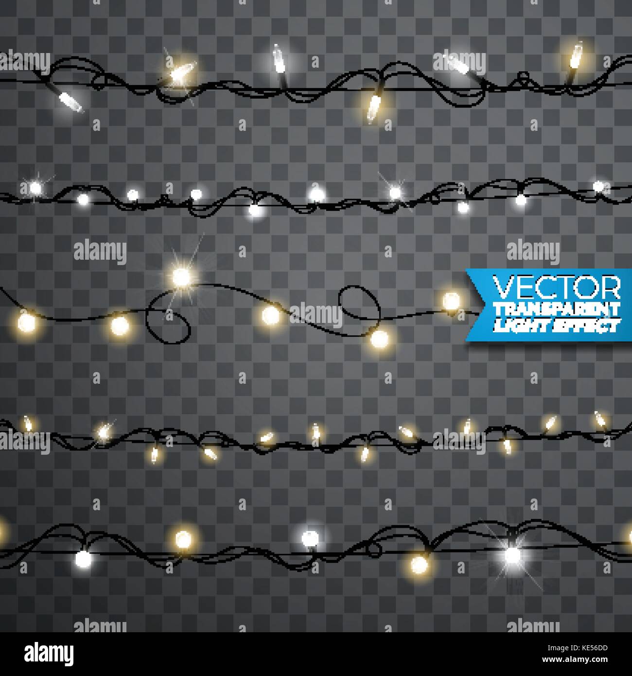 Brillantes luces de Navidad realista diseñar elementos aislados sobre fondo transparente. xmas guirnaldas decoraciones para tarjeta de felicitación. Ilustración del Vector