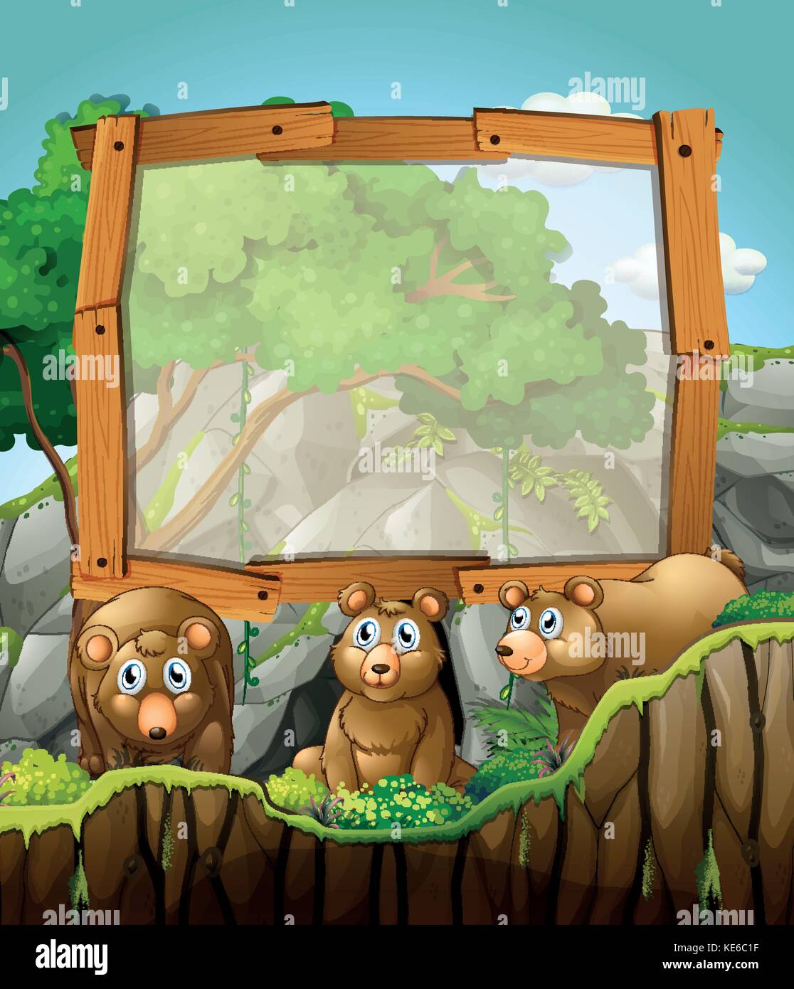 El diseño del bastidor con tres osos en la cueva ilustración Ilustración del Vector