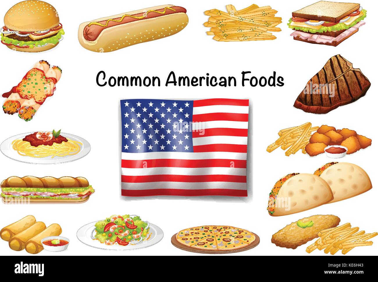 Comida Americana común diferente conjunto ilustración Imagen Vector de  stock - Alamy
