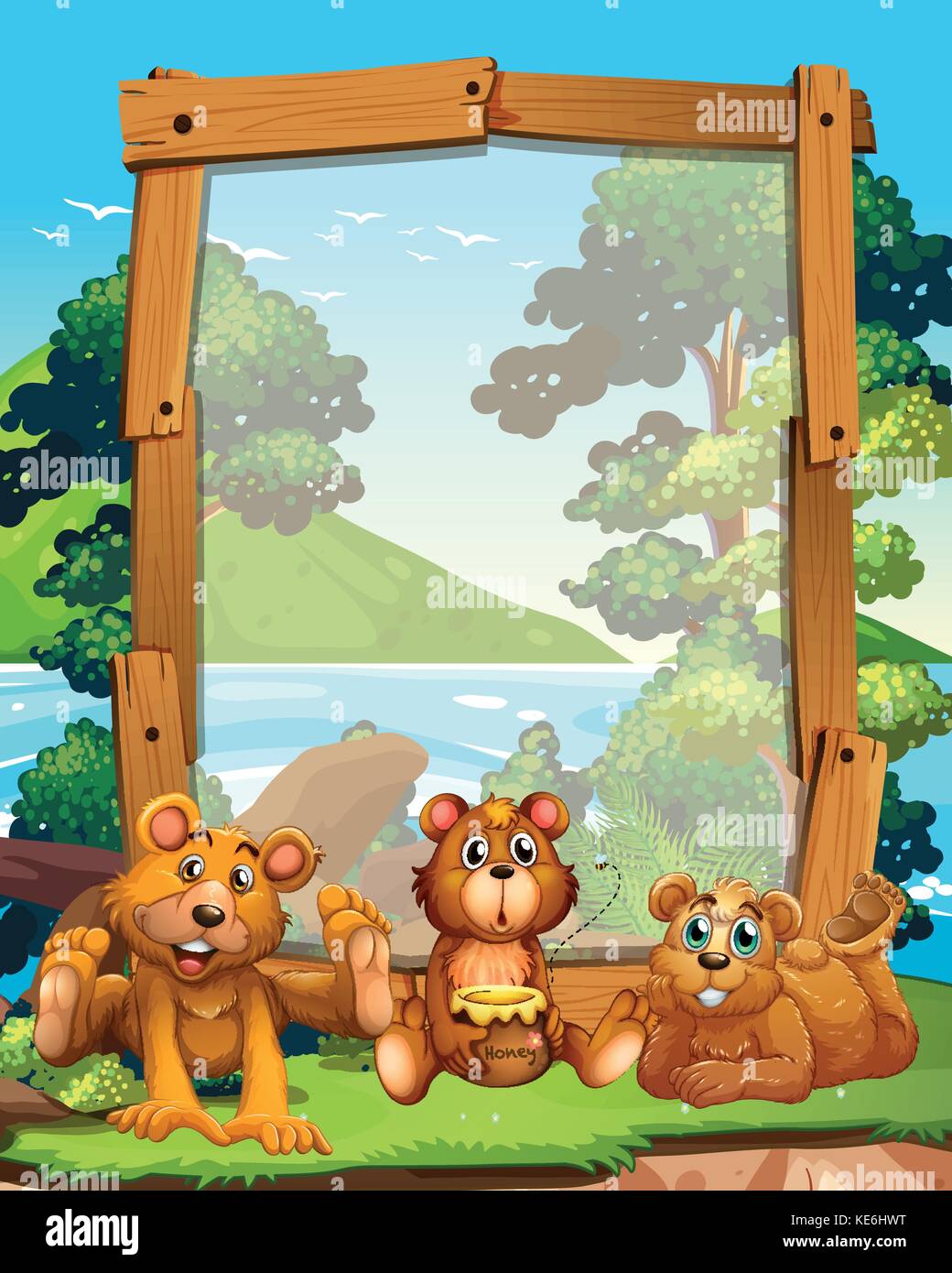 Diseño de borde con tres osos grizzly por el lago ilustración Ilustración del Vector