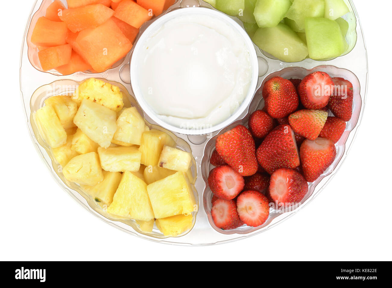 Plato de frutas con dip closeup Foto de stock