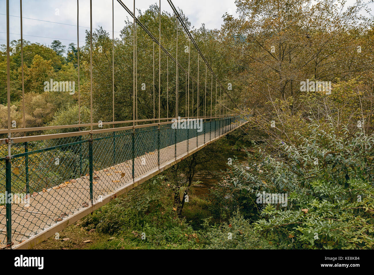 Puente sobre el río Besaya en el parque de La Viesca, principal área verde de la ciudad de Torrelavega, Cantabria, España. Foto de stock