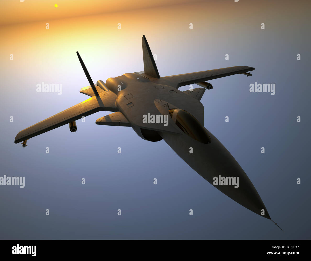 Negro jet fighter en vuelo con susnet Foto de stock