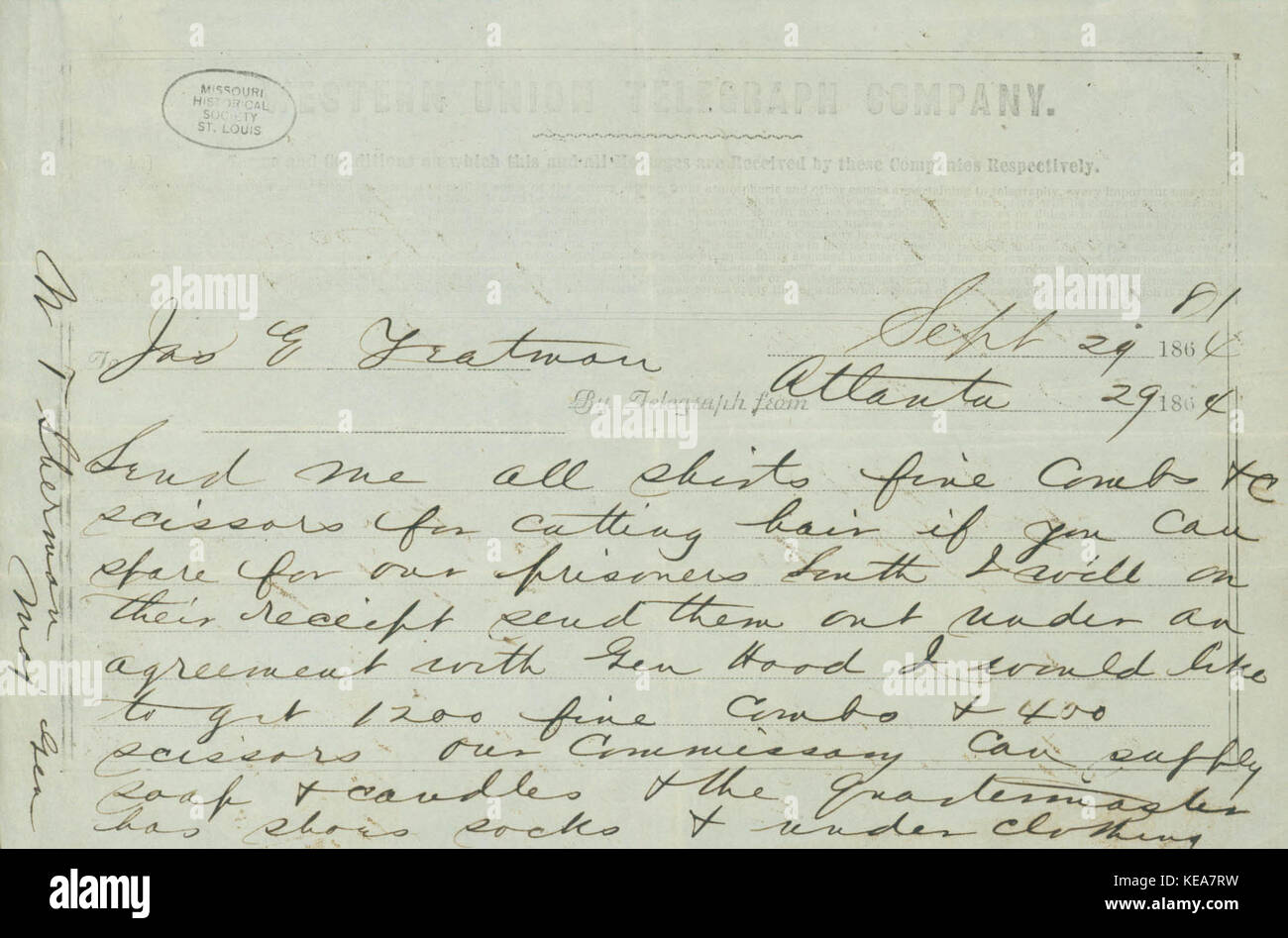 Telegrama de W.T. Sherman, Atlanta, a Santiago. E. Yeatman, Septiembre 29, 1864 Foto de stock