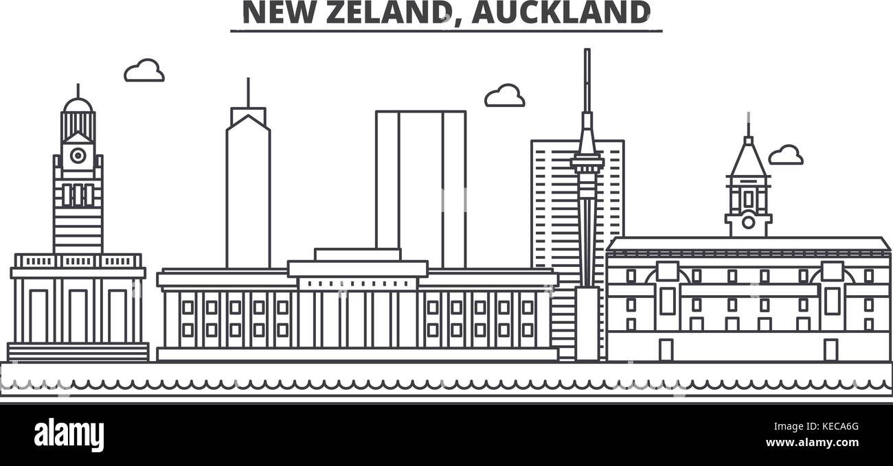Arquitectura de Nueva Zelanda, Auckland horizonte línea ilustración vectorial lineal paisaje urbano con famosos monumentos, lugares de interés de la ciudad, diseño de iconos. El paisaje con trazos editable Ilustración del Vector