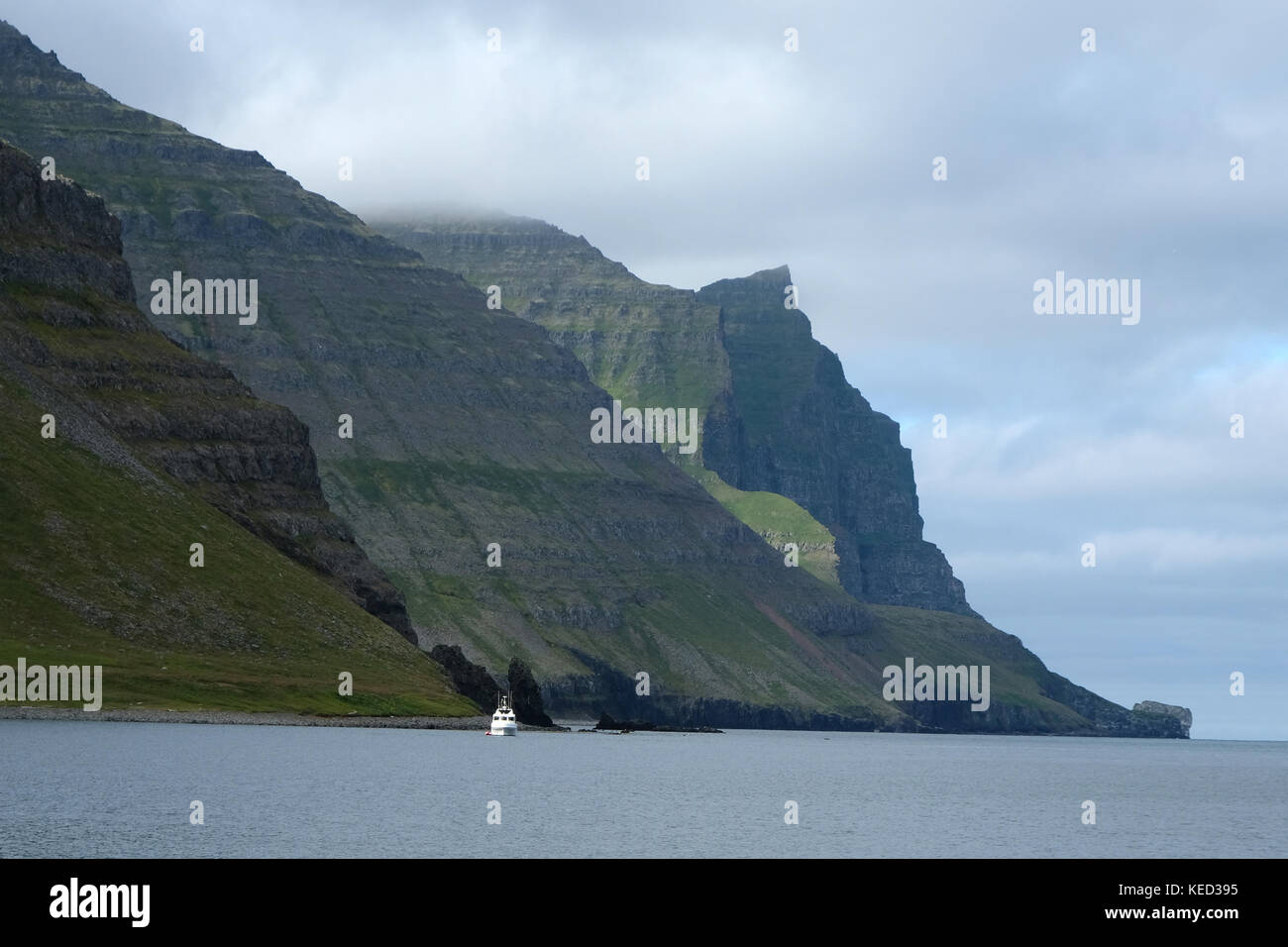 Barco turístico blanco en el popular destino turístico empequeñecidas por grandes montañas verdes y picos en el fondo, la reserva natural de hornstrandir, Islandia Foto de stock