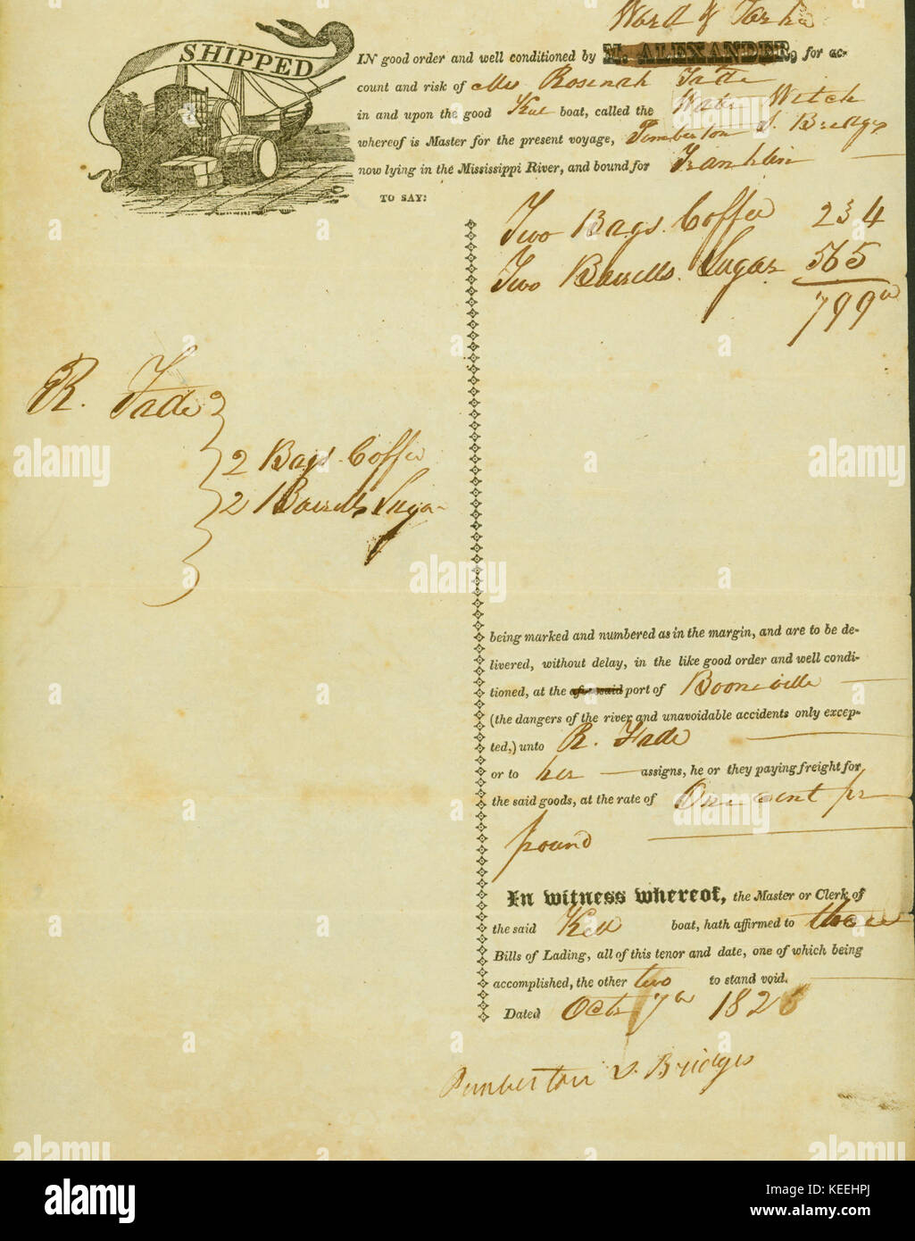 Conocimiento de embarque para barco de quilla Bruja agua enlazado para Franklin, Missouri, firmada por S. Pemberton puentes, 7 de octubre de 1826 Foto de stock