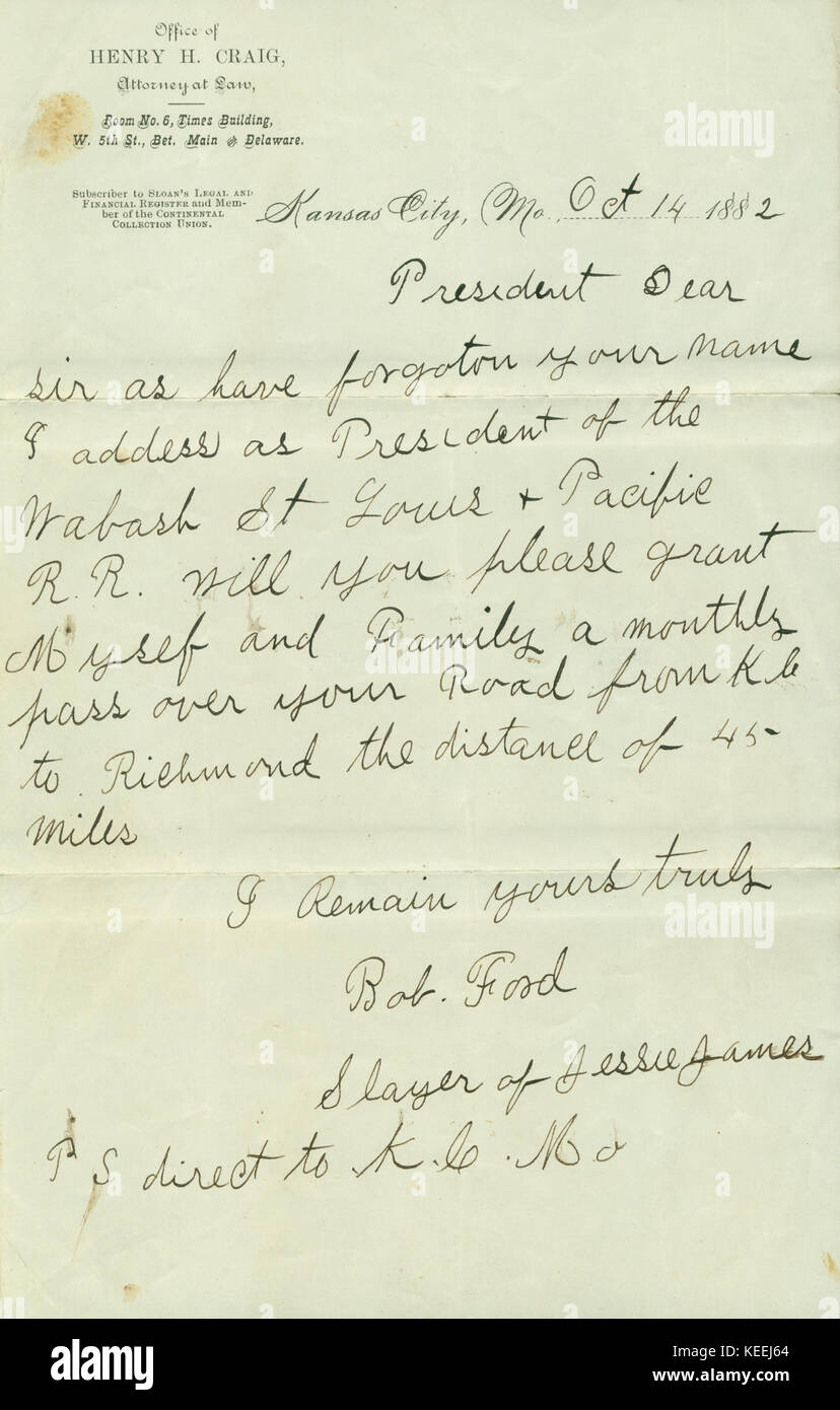 Carta de Bob Ford, el asesino de Jesse James, el Presidente de Wabash, St. Louis y Pacific Railroad, Octubre 14, 1882 Foto de stock