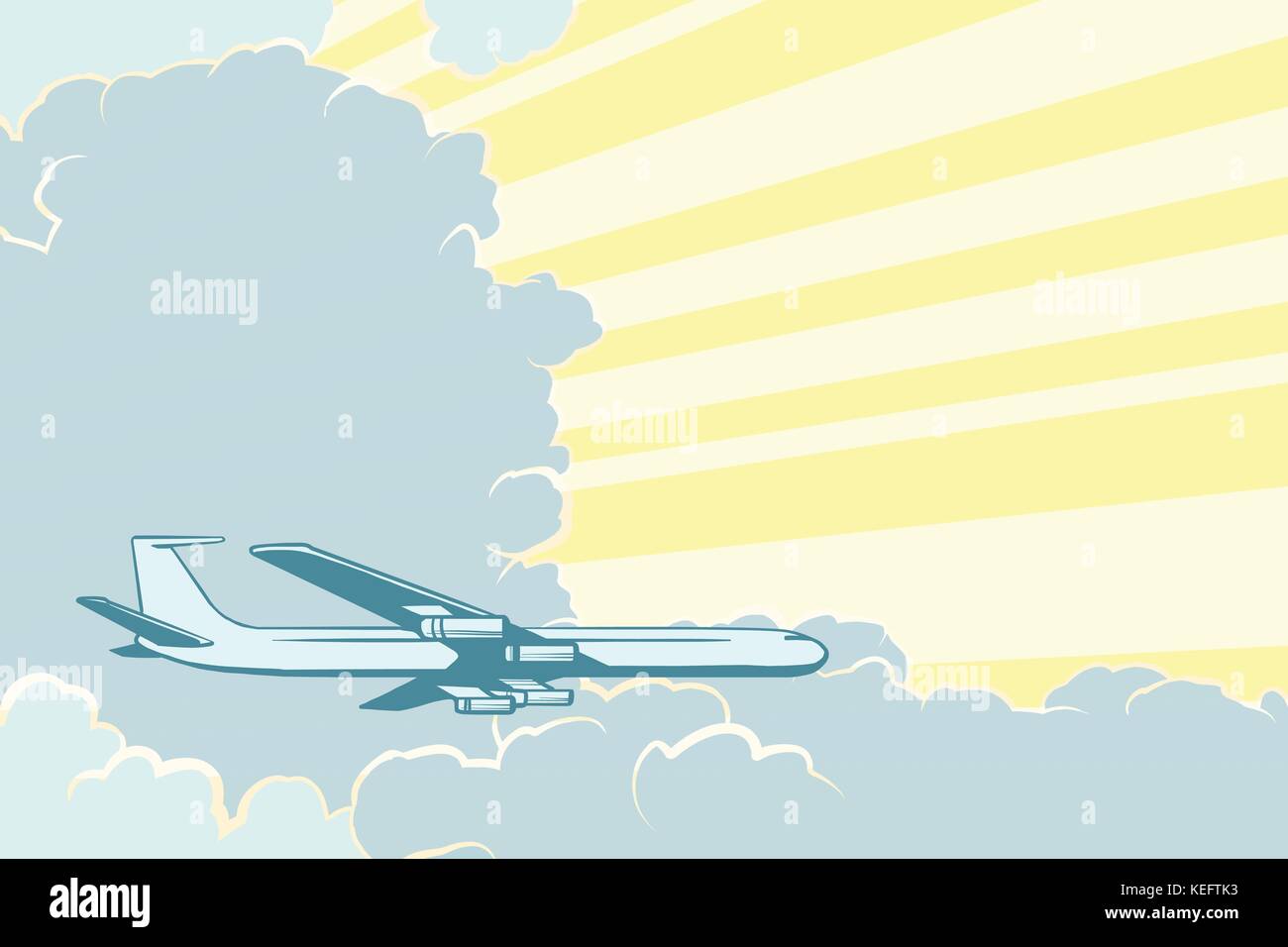 Retro avión volando en las nubes de fondo los viajes aéreos. Ilustración del Vector