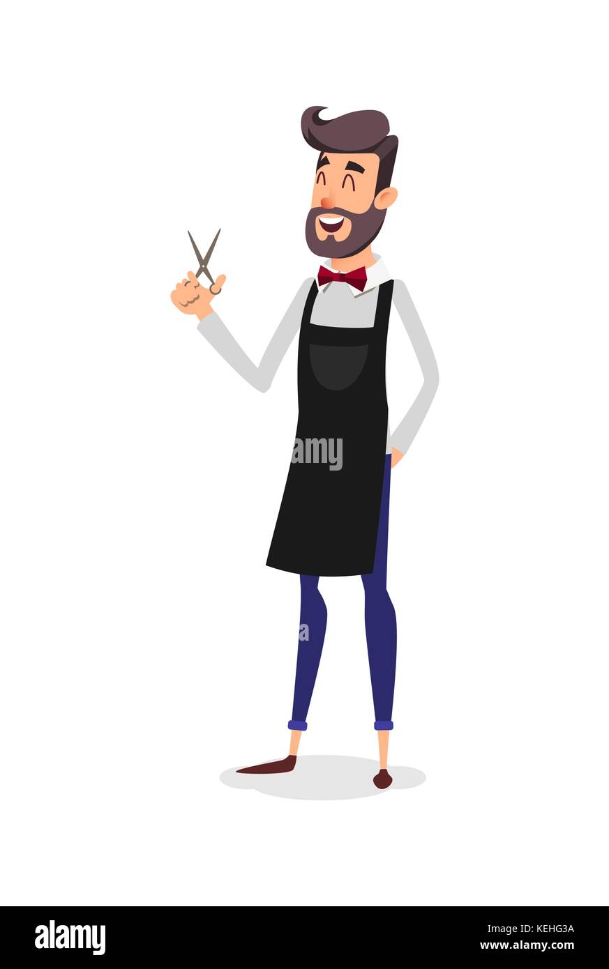 Dibujos animados de peluquero de éxito en un delantal con unas tijeras en la mano. Peluquería joven y elegante con barba. Moda profesional stillista sonriendo sobre un fondo blanco Imagen Vector de Dibujos animados de peluquero de éxito en un delantal con unas tijeras en la mano. Peluquería joven y elegante con barba. Moda profesional stillista sonriendo sobre un fondo blanco Imagen Vector de