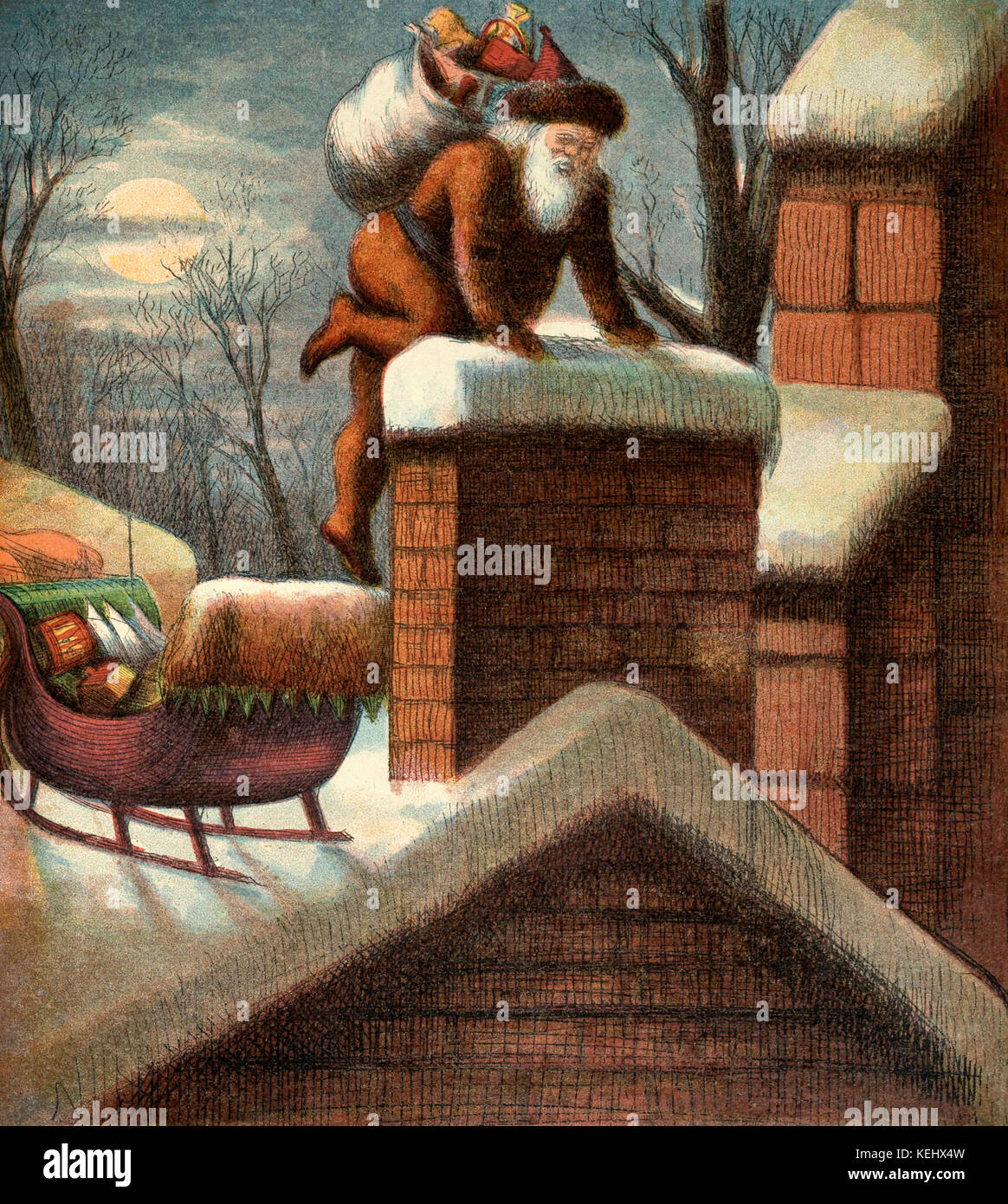 Ilustración vintage de Santa Claus bajando por una chimenea. Foto de stock