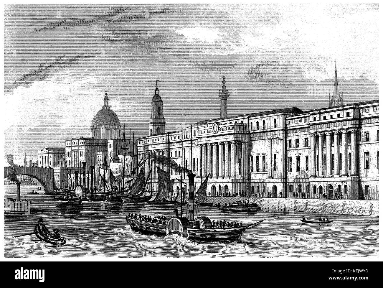 1853 Grabado de Custom House sobre el Río Támesis en la ciudad de Londres. Foto de stock