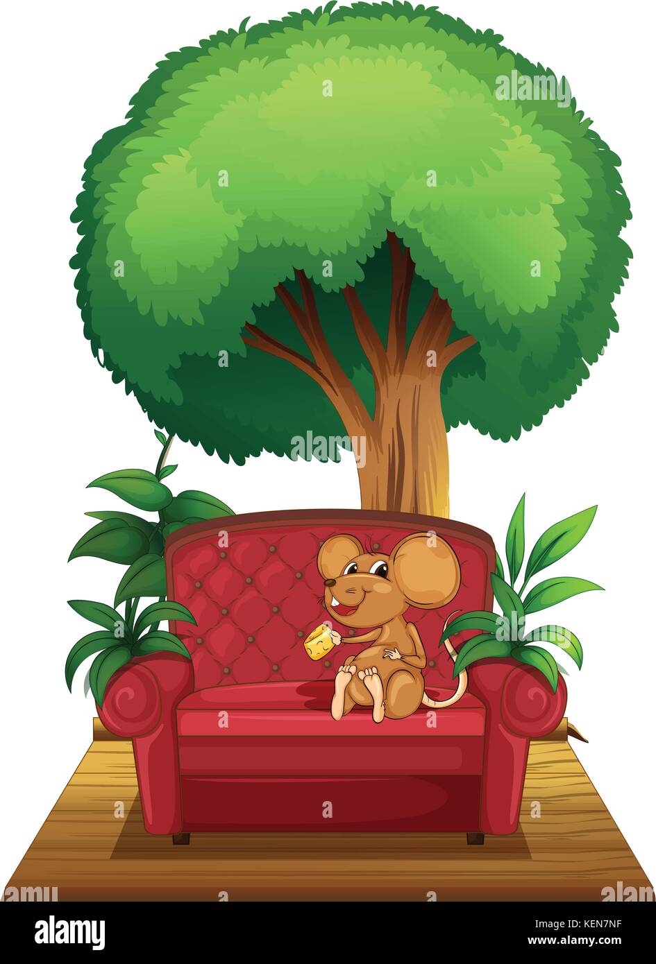 Ilustración de una silla bajo el árbol con un mouse (ratón) sobre un fondo blanco. Ilustración del Vector