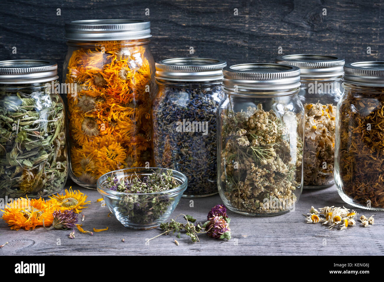 Diversas hierbas medicinales secas y tés de hierbas en varios frascos de vidrio sobre madera gris de fondo, cerrar Foto de stock