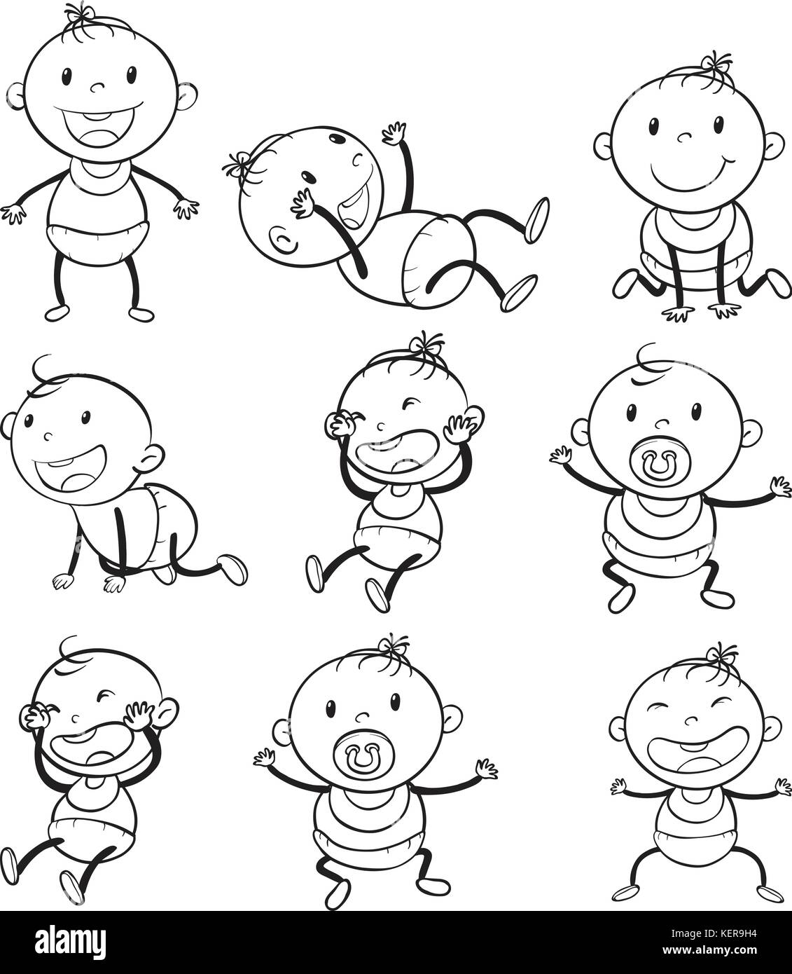 Ilustración de los bebés con diferentes estados de ánimo en un fondo blanco. Ilustración del Vector