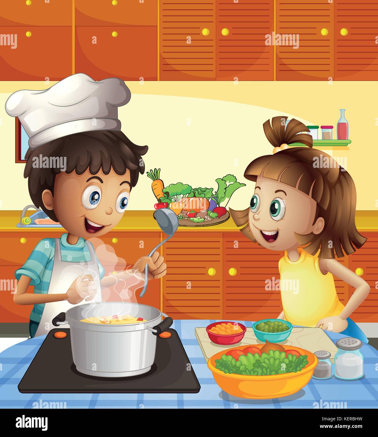 Ilustración de los niños, cocinar en la cocina Imagen Vector de stock -  Alamy