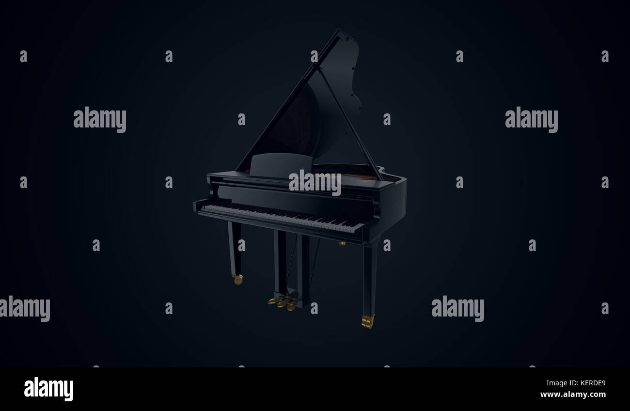 Piano negro de lujo en la escena azul oscuro. 3D render ilustración. Foto de stock