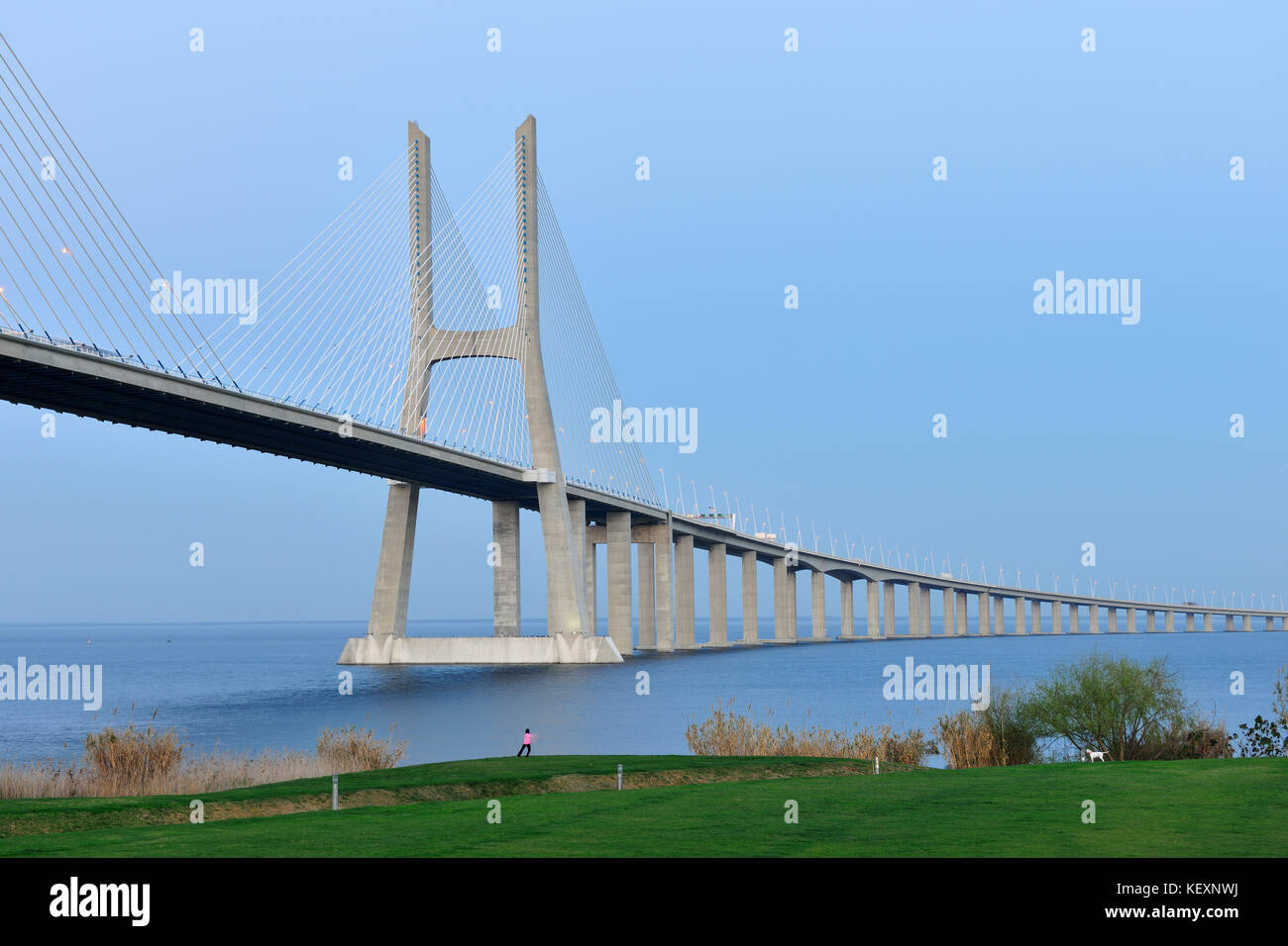 El Puente Vasco da Gama sobre el río Tajo (Tejo river), el puente más largo de Europa. Lisboa, Portugal Foto de stock