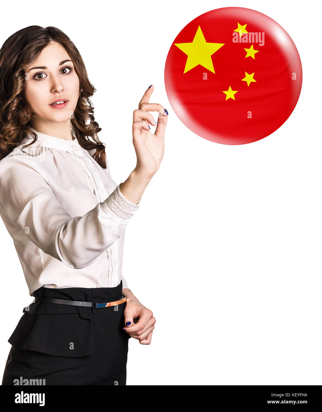 Mujer punto de la burbuja con chenese bandera. Foto de stock