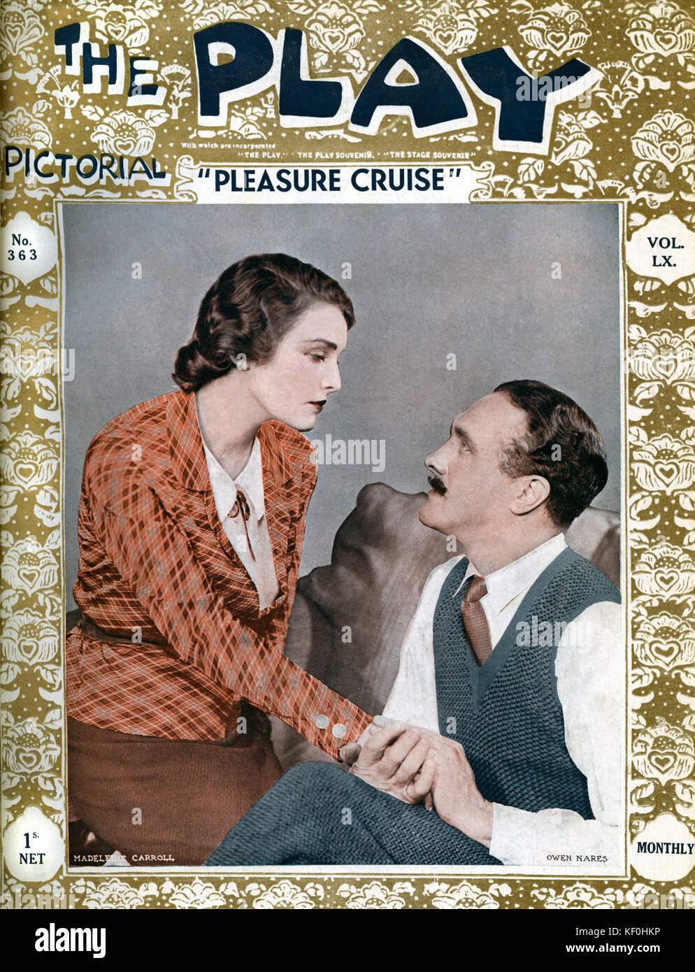 'Placer' Crucero por Austen Allen, con Madeleine Carroll (26 de febrero de 1906 - 2 de octubre de 1987) y Owen narinas (11 de agosto de 1888 - 30 de julio de 1943). Una producción de Londres en el Teatro Apollo, el 26 de abril de 1932. Cubierta de jugar pictóricas, 1932. Foto de stock