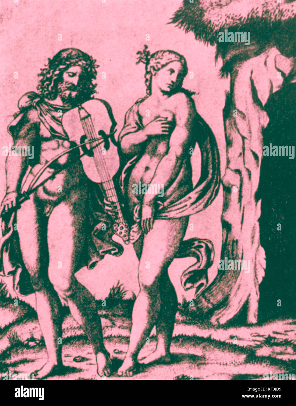 Orfeo y Eurídice, Orfeo tocando la viola da Braccia. Mito griego. Grabado por Marc-Antonio Raimondi 1480 - c. 1534. Orfeo, Orphée Foto de stock