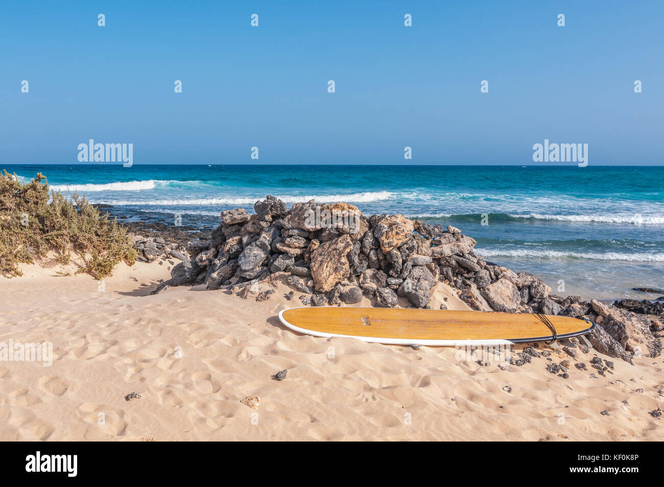 Wodden tabla de surf en la playa, Parque Natural de las Dunas de Corralejo, Fuerteventura, Islas