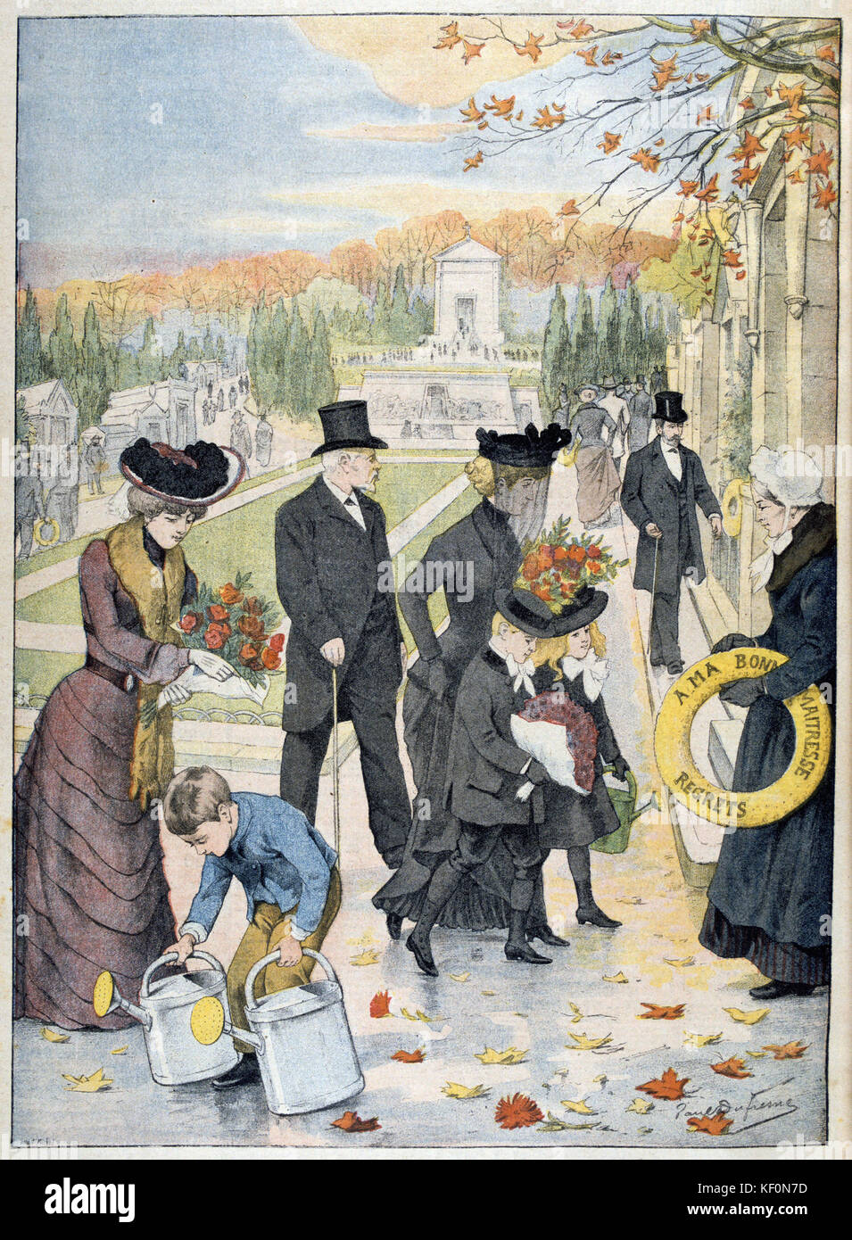 Día de Todos los Santos: Familia visitando cementerio con flores "Le Petit Journal" París, 9 de noviembre de 1902. Foto de stock