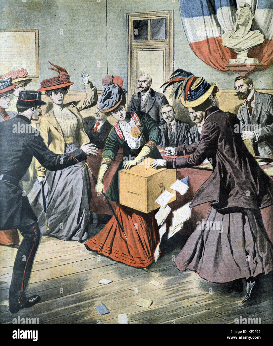 Suffragettes belga trastornando las urnas "Le Petit Journal" Paris, 17 de mayo de 1908 Foto de stock