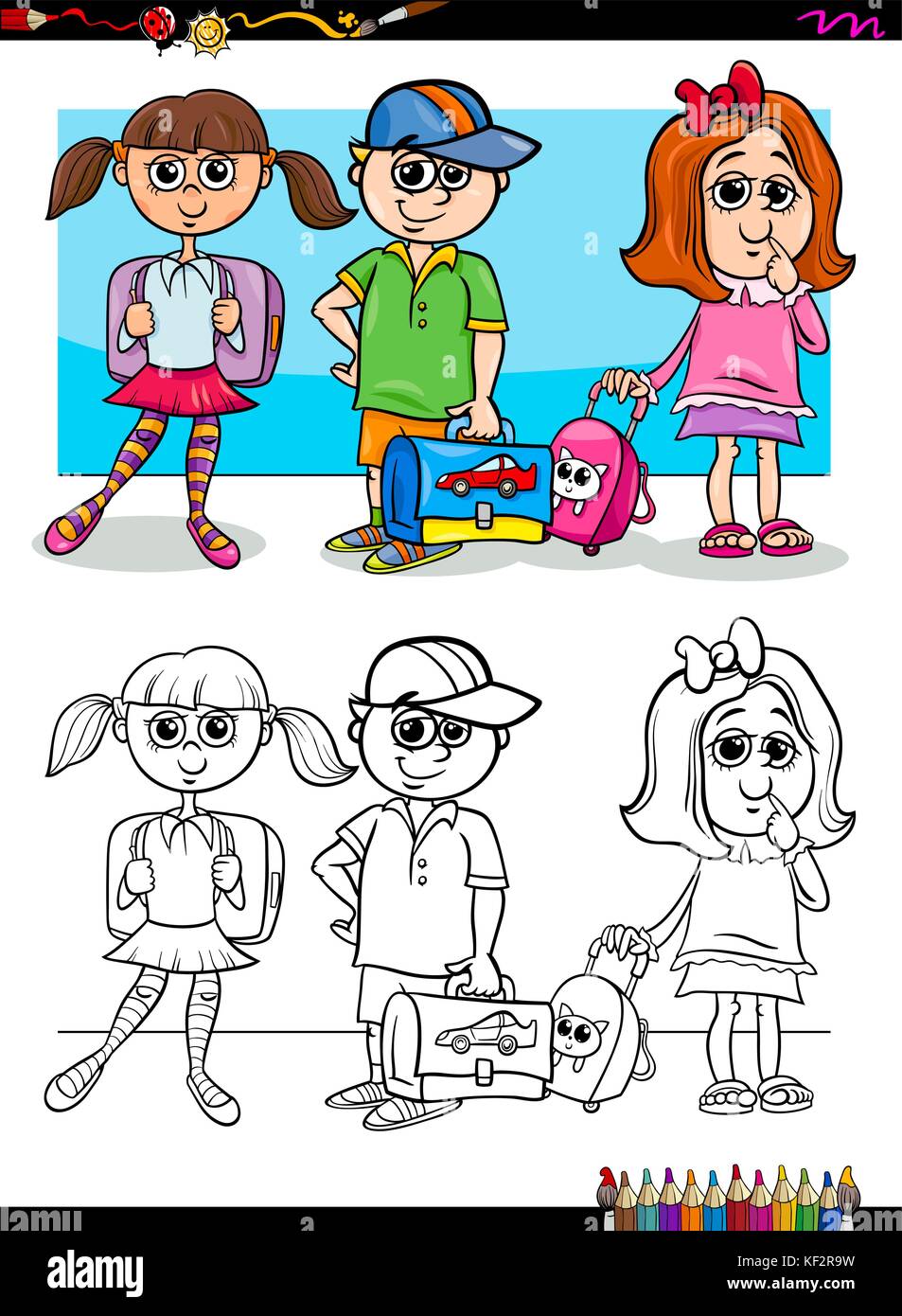 Ilustración de dibujos animados de niños de primaria los alumnos caracteres  coloring book actividad Imagen Vector de stock - Alamy