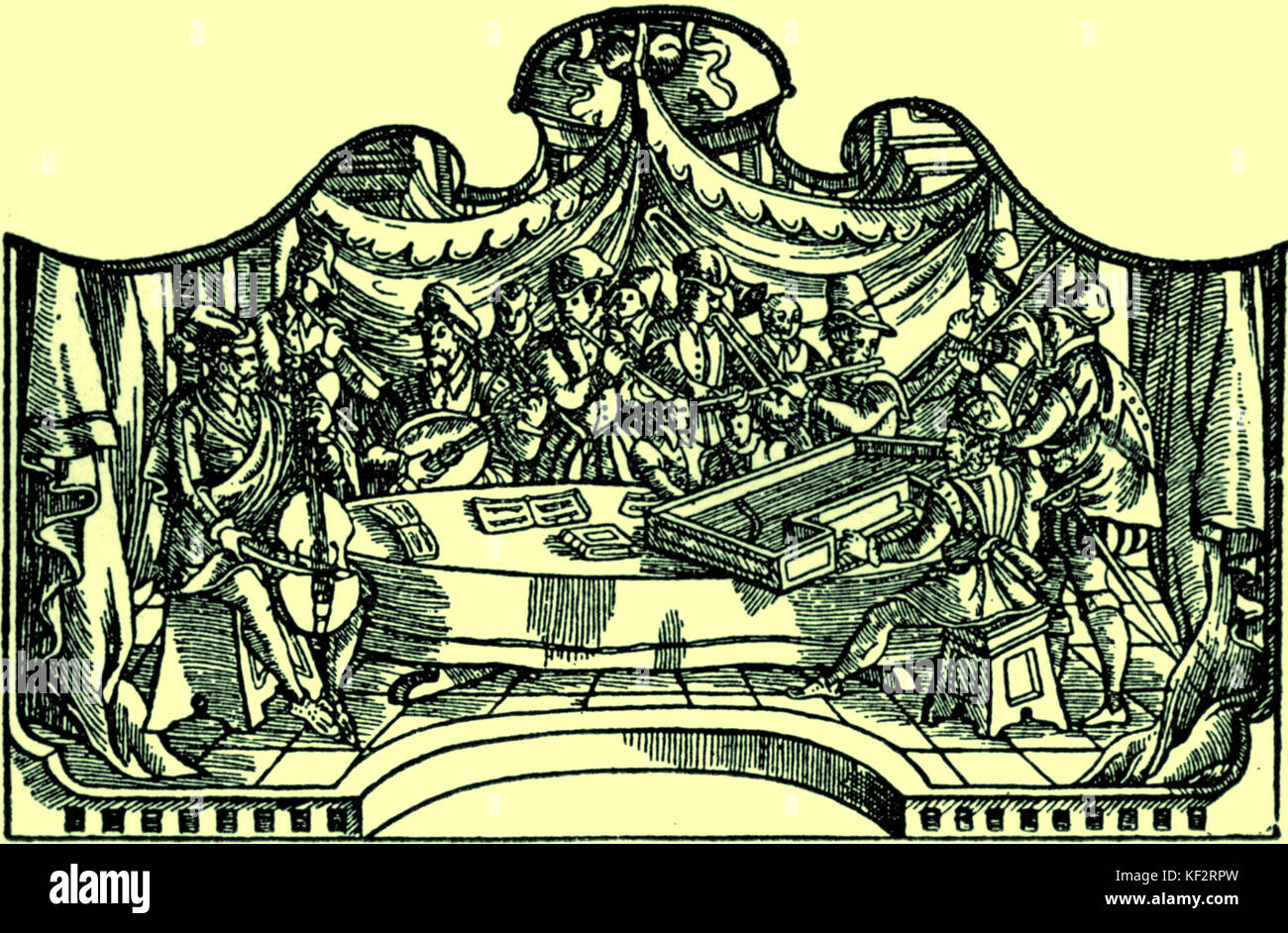 La Quinta misa por Orlando de Lassus. LASSUS - Patrocinium musices, Munich, 1589. Xilografía muestra músicos tocando en Consort, una mesa redonda, desde partbooks. Laúd, viola, violín, clavecín, flauta, cornetto, sackbut Foto de stock