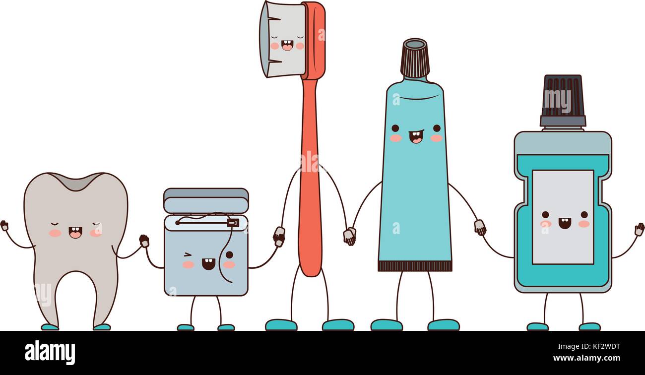 El Diente Y El Hilo Dental Y El Cepillo De Dientes Y Pasta Dental Y Enjuague Bucal En Manos De Dibujos Animados En La Colorida Silueta Imagen Vector De Stock Alamy