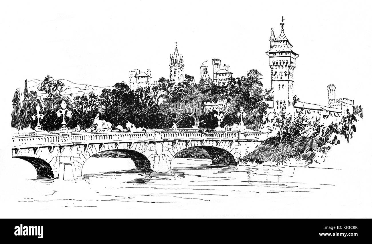 1890: Cardiff puente (también conocido localmente como puente de Cantón) es el puente de carretera cruzando el río Taff en el sitio aproximado del original cruzar el río, cerca del Castillo de Cardiff en el centro de Cardiff, Gales del Sur. Foto de stock