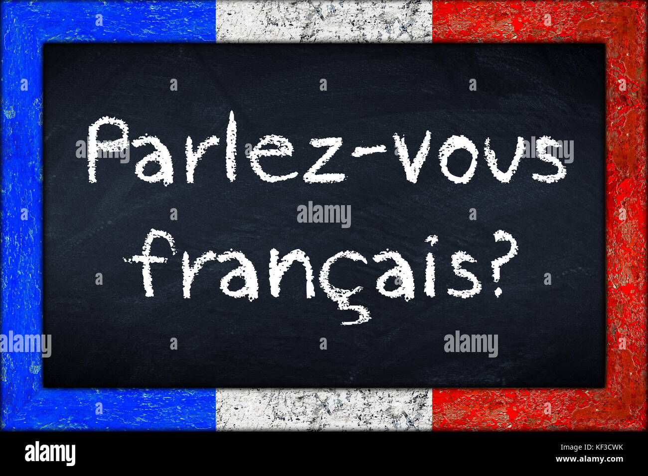 Parlez-vous francais (traducción: ¿hablan francés) educación lingüística  concepto en pizarra pizarra de madera con bastidor de bandera de Francia  Fotografía de stock - Alamy