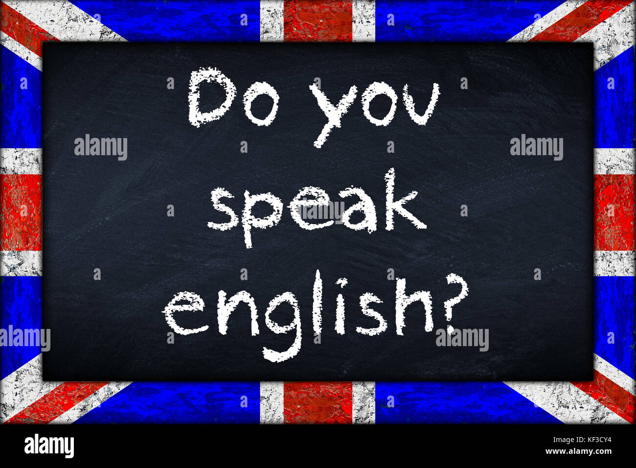 Hablan inglés el concepto de educación en pizarra pizarra de madera con UK  Reino Unido bandera Union Jack frame Fotografía de stock - Alamy