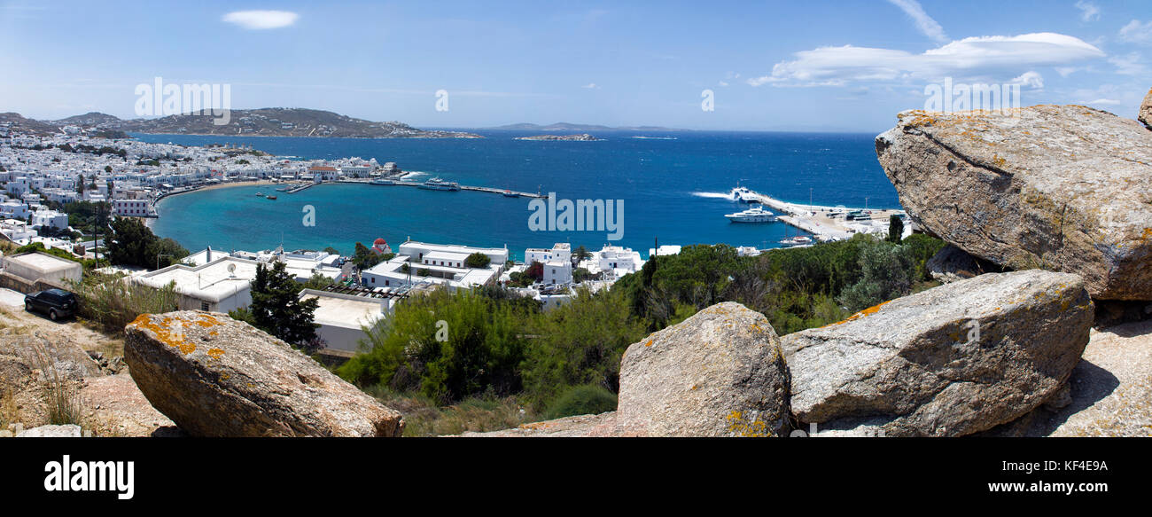 Vista panorámica sobre la ciudad de Mykonos, Mykonos Cyclades, Egeo, Grecia Foto de stock