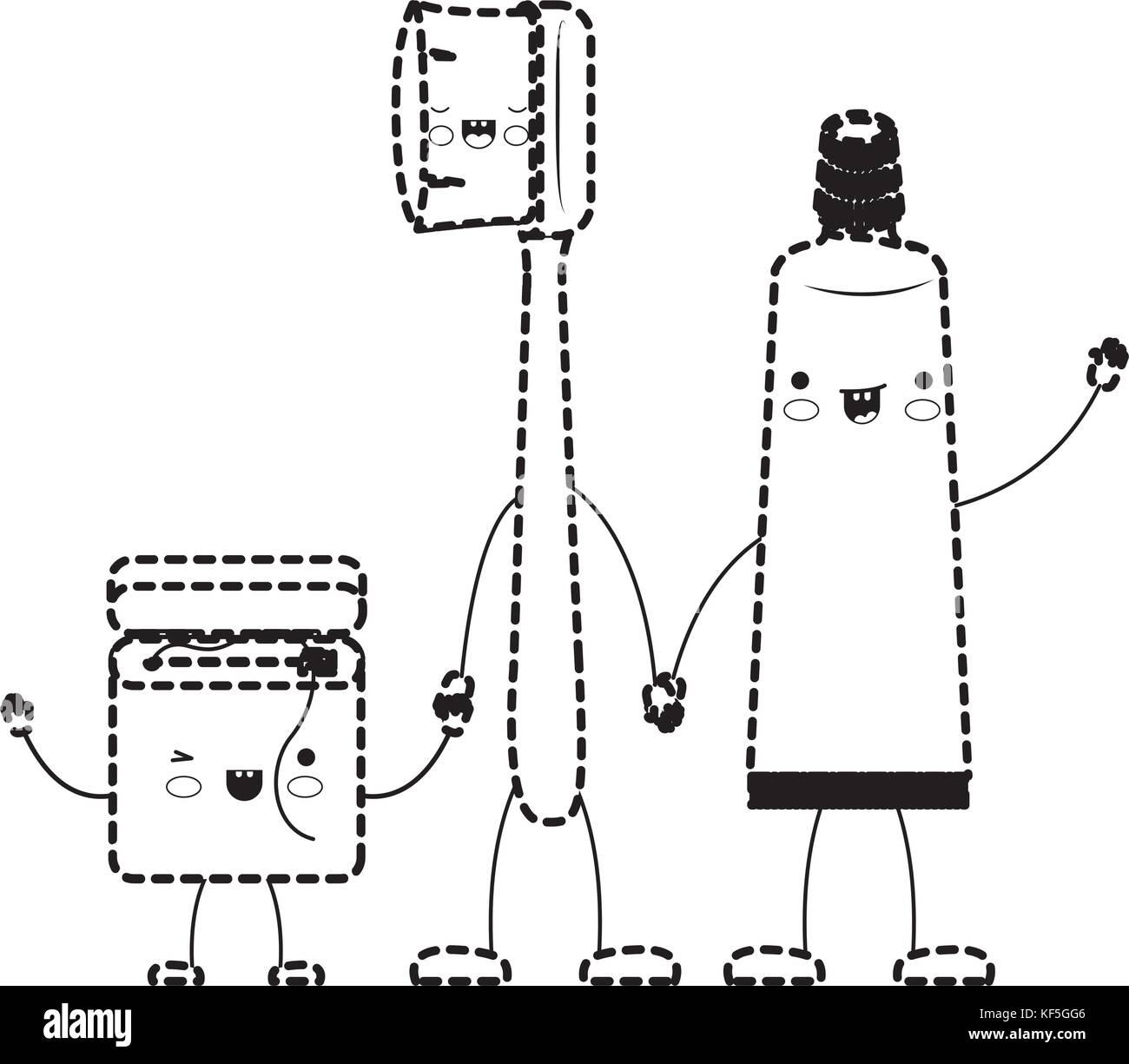 Hilo Dental Y Cepillo Y Pasta De Dientes En Las Manos De Dibujos Animados En Silueta Punteada Negro Imagen Vector De Stock Alamy