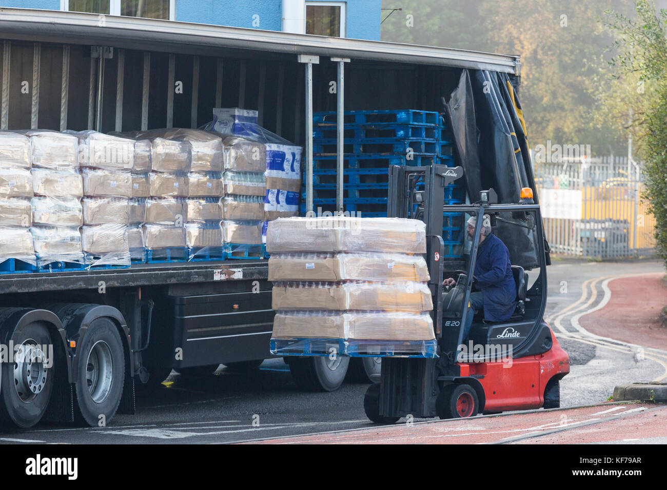 Carretilla elevadora operario carga una paleta de mercancías en un camión Foto de stock