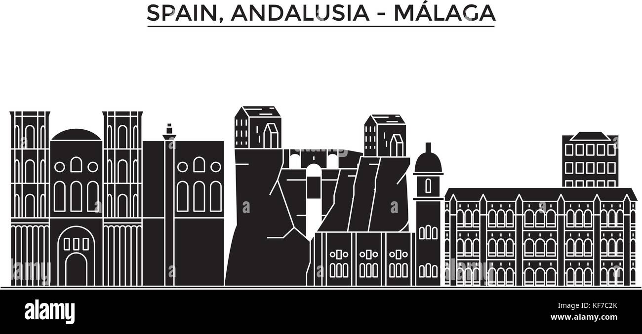 España, Málaga, Andalucía La arquitectura del horizonte de la ciudad de vector, viajes ciudad de monumentos, edificios, monumentos aislados en fondo Ilustración del Vector