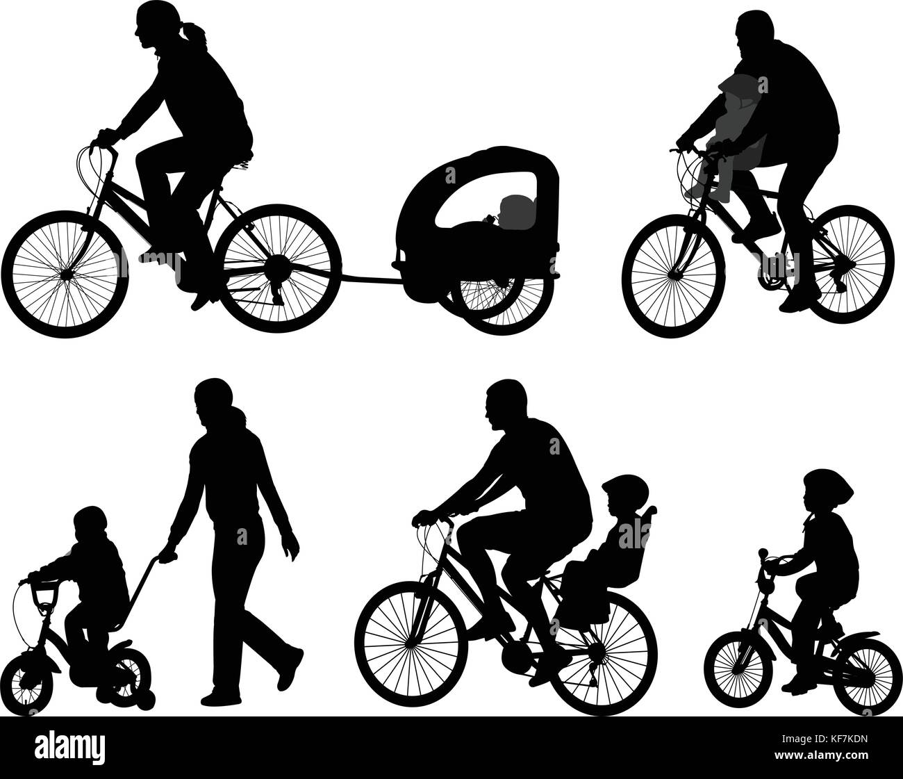 Los padres con sus hijos en bicicleta - vector siluetas Ilustración del Vector