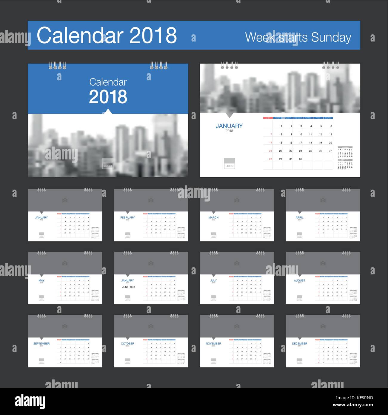 2018 calendario calendario de escritorio de la plantilla de diseño moderno  con lugar para foto. La semana comienza el domingo. a5 o tamaño de papel A4.  ilustración vectorial Imagen Vector de stock -