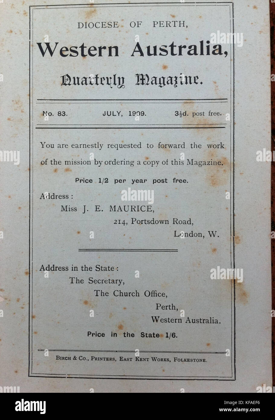 Diócesis de Perth trimestralmente Mag 1910 Foto de stock