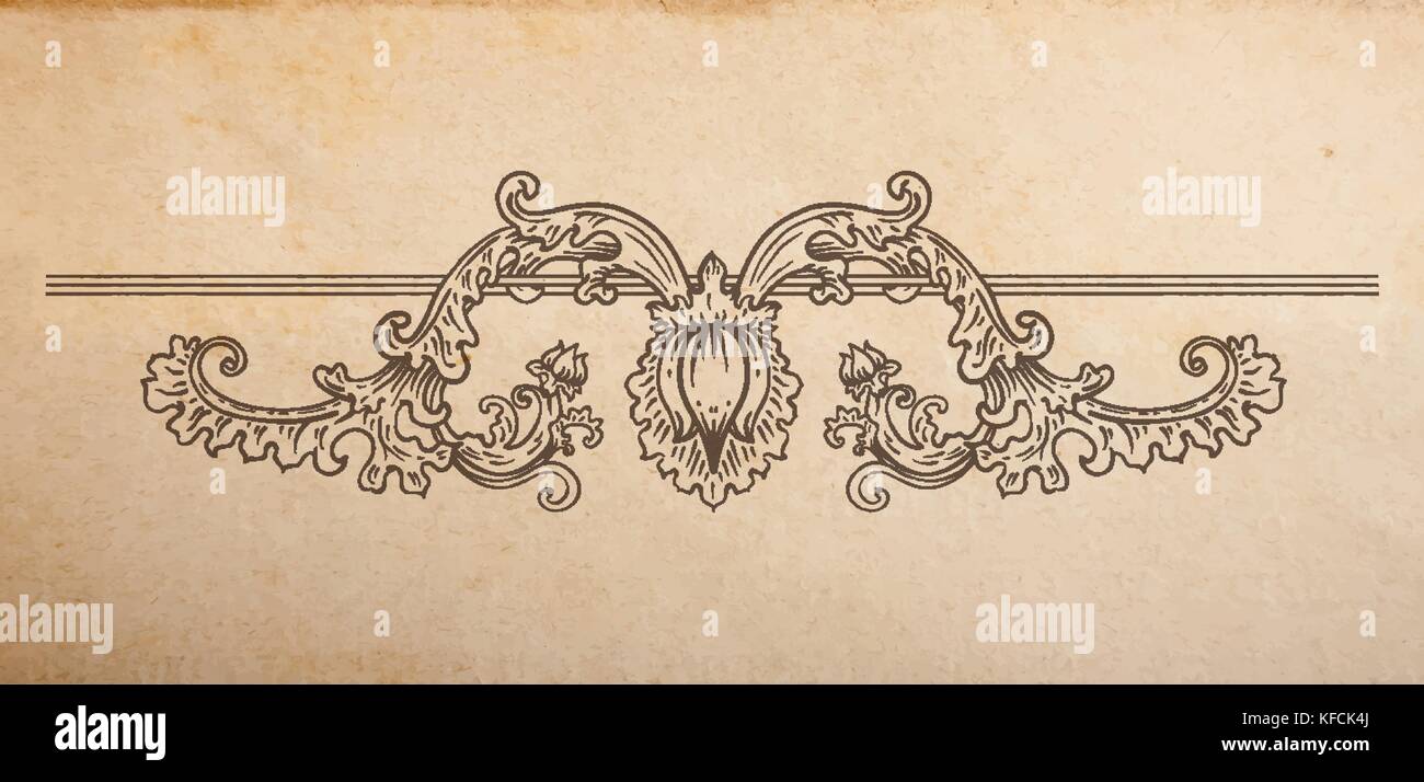 Vintage Textura de papel viejo con vector floral divisor de Vignette, ornamento dibujados a mano con remolinos y flor Ilustración del Vector