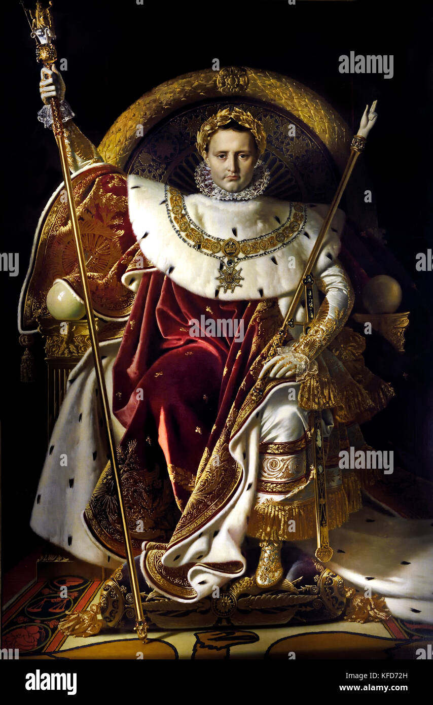 Napoleón en su Trono Imperial de 1806, Jean-Auguste-Dominique Ingres 1780-1867, óleo sobre lienzo, 260 x 163 cm ( Napoleón Bonaparte 1769 - 1821 como Napoleón I, él era emperador de los franceses desde 1804 hasta 1814, y de nuevo brevemente en 1815 (durante los Cien Días). Napoleón dominado europeos y los asuntos mundiales durante más de una década, mientras que Francia contra una serie de coaliciones en las guerras napoleónicas. Ganó la mayoría de estas guerras y la inmensa mayoría de sus batallas, la construcción de un gran imperio que gobernó en Europa continental antes de su colapso final en 1815. ) Foto de stock