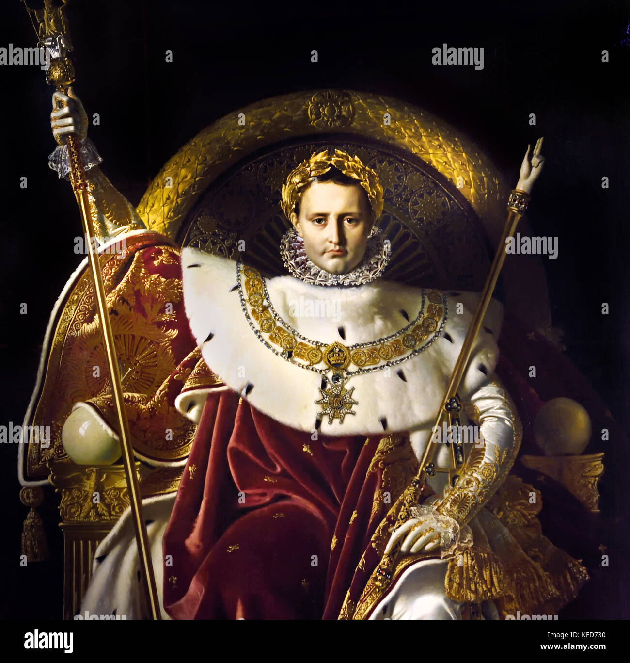 Napoleón en su Trono Imperial de 1806, Jean-Auguste-Dominique Ingres 1780-1867, óleo sobre lienzo, 260 x 163 cm ( Napoleón Bonaparte 1769 - 1821 como Napoleón I, él era emperador de los franceses desde 1804 hasta 1814, y de nuevo brevemente en 1815 (durante los Cien Días). Napoleón dominado europeos y los asuntos mundiales durante más de una década, mientras que Francia contra una serie de coaliciones en las guerras napoleónicas. Ganó la mayoría de estas guerras y la inmensa mayoría de sus batallas, la construcción de un gran imperio que gobernó en Europa continental antes de su colapso final en 1815. ) Foto de stock