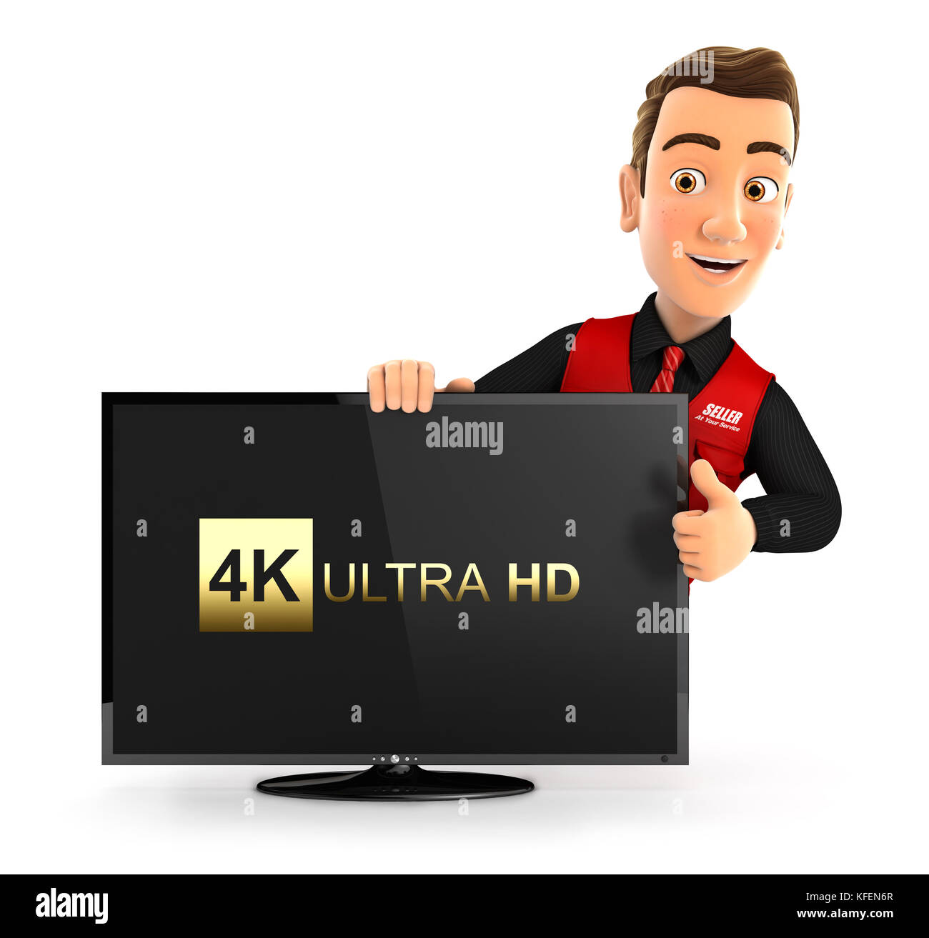 Vendedor con 3D Ultra HD 4k tv y pulgar arriba, ilustración con fondo blanco aislado Foto de stock