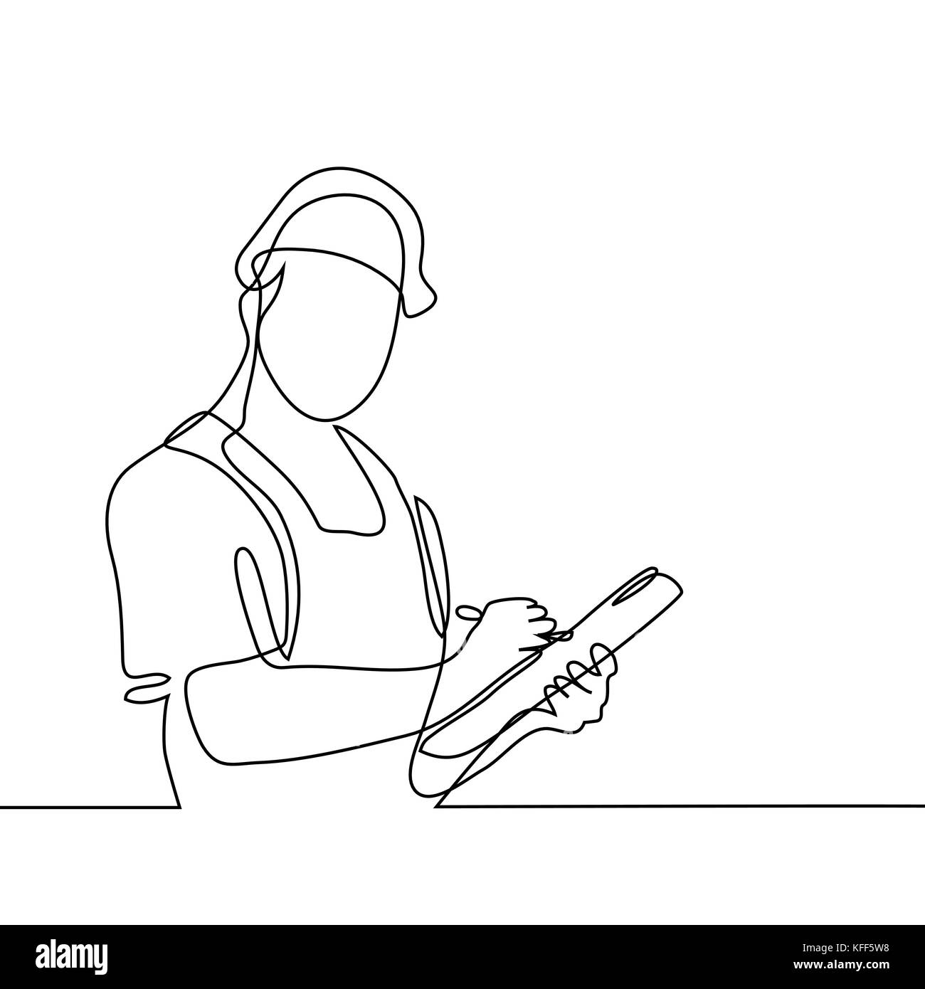 Dibujo de línea continua. Hombre sujetando generador permanente de tableta.  Ilustración vectorial sobre fondo blanco Imagen Vector de stock - Alamy